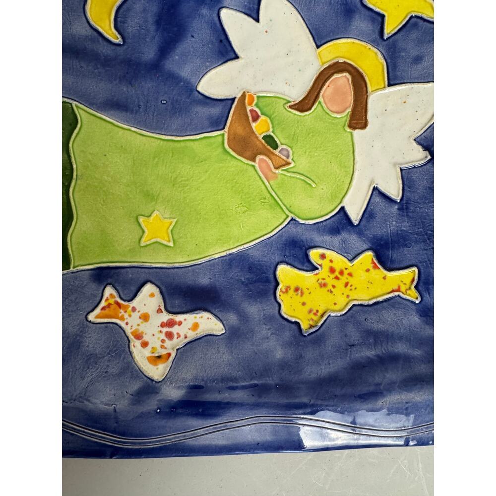 Angel Hand Painted Pottery Platter Wall Hanger 13” Harvest Angel Star Moon Birds - Picture 8 of 9